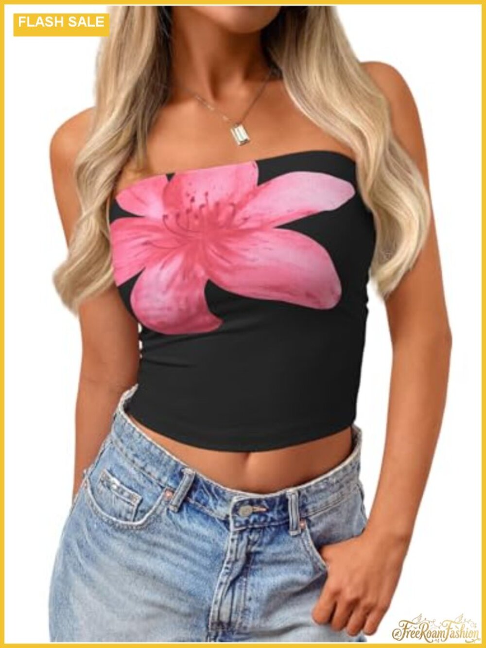 Women's Strapless Tube Top Floral Print Slim Fit Cropped
